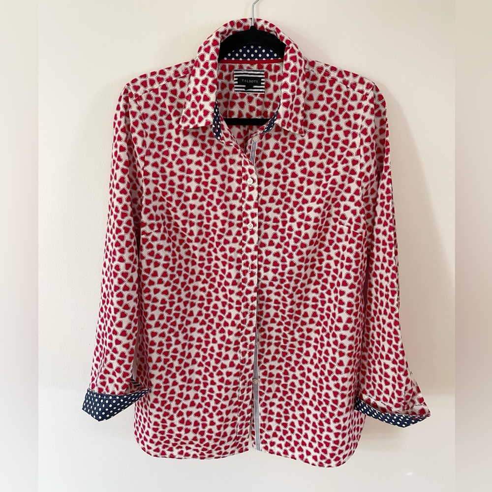 RESERVED - Talbots Classic Button Down Shirt heart print with polka dots size M